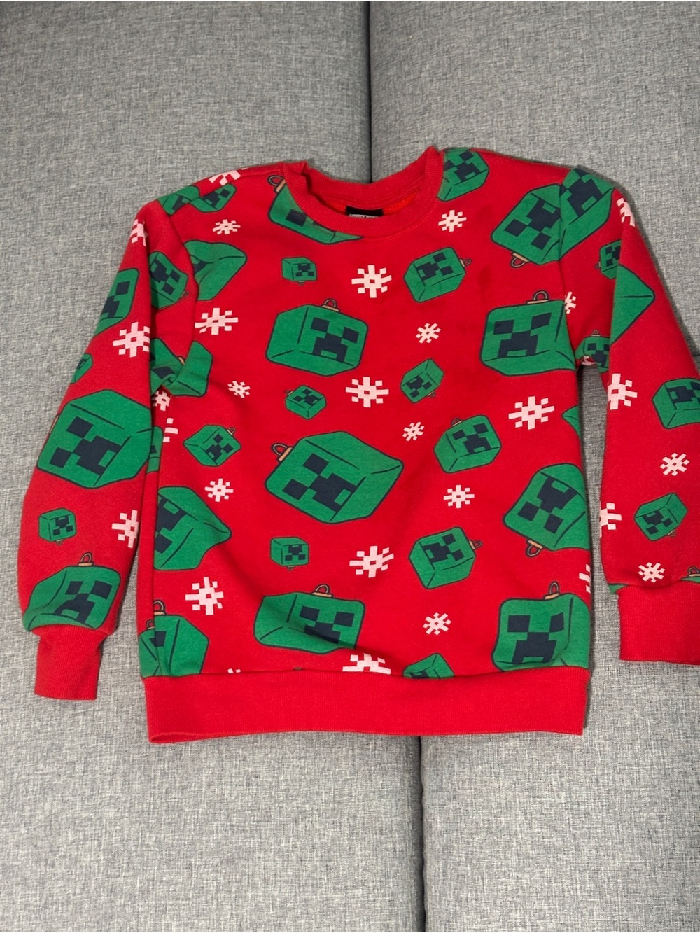 Minecraft Kids Red Crewneck Sweater with Green Pixel Character Print